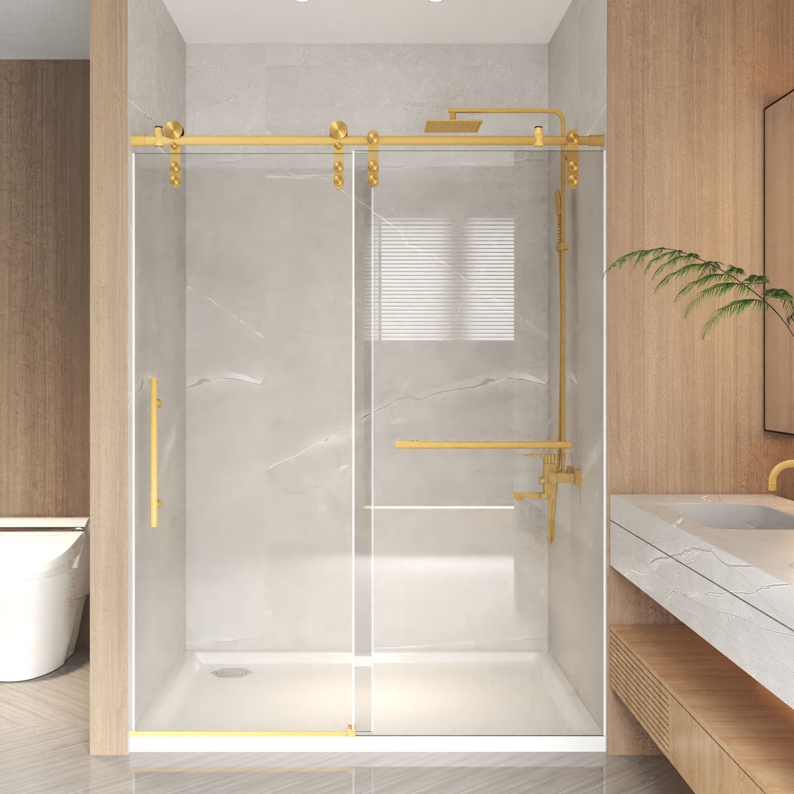 44-48" x76" Frameless Sliding Shower Door Tempered Glass 5/16"(8mm) Shower Gold gallery
