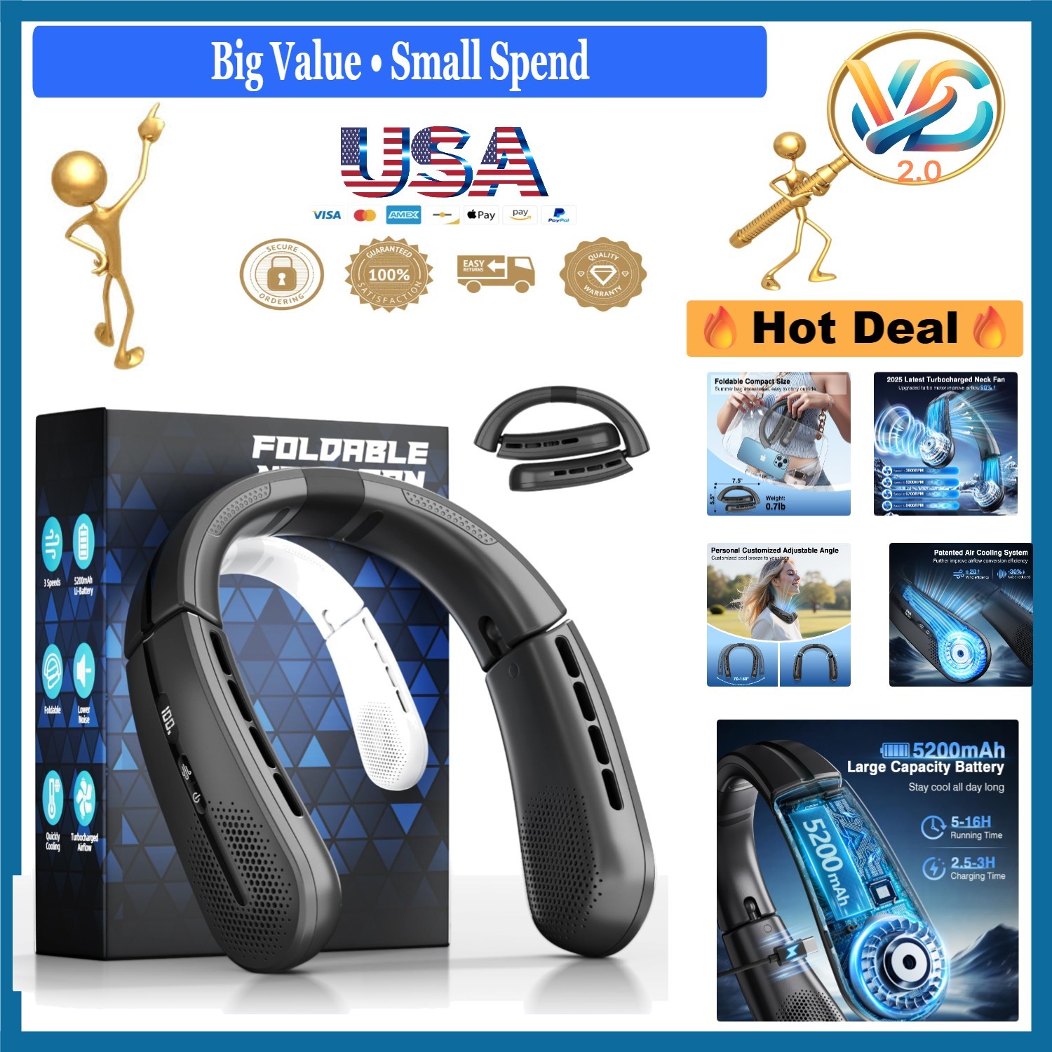 ChillGo Portable Neck Fan 5200mAh Foldable Bladeless 3-Speed Black gallery
