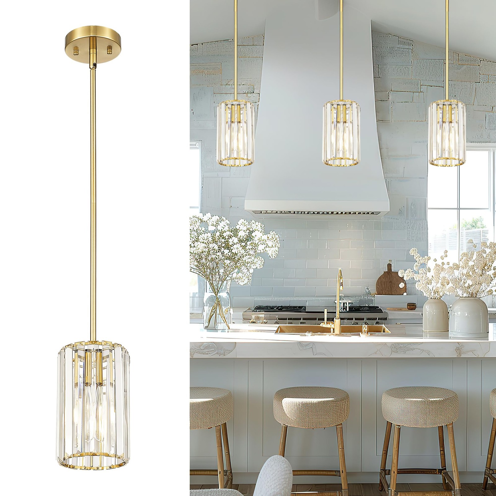 Crystal Pendant Lights Hanging Light Fixture With Polished Gold Finish Modern Mi gallery