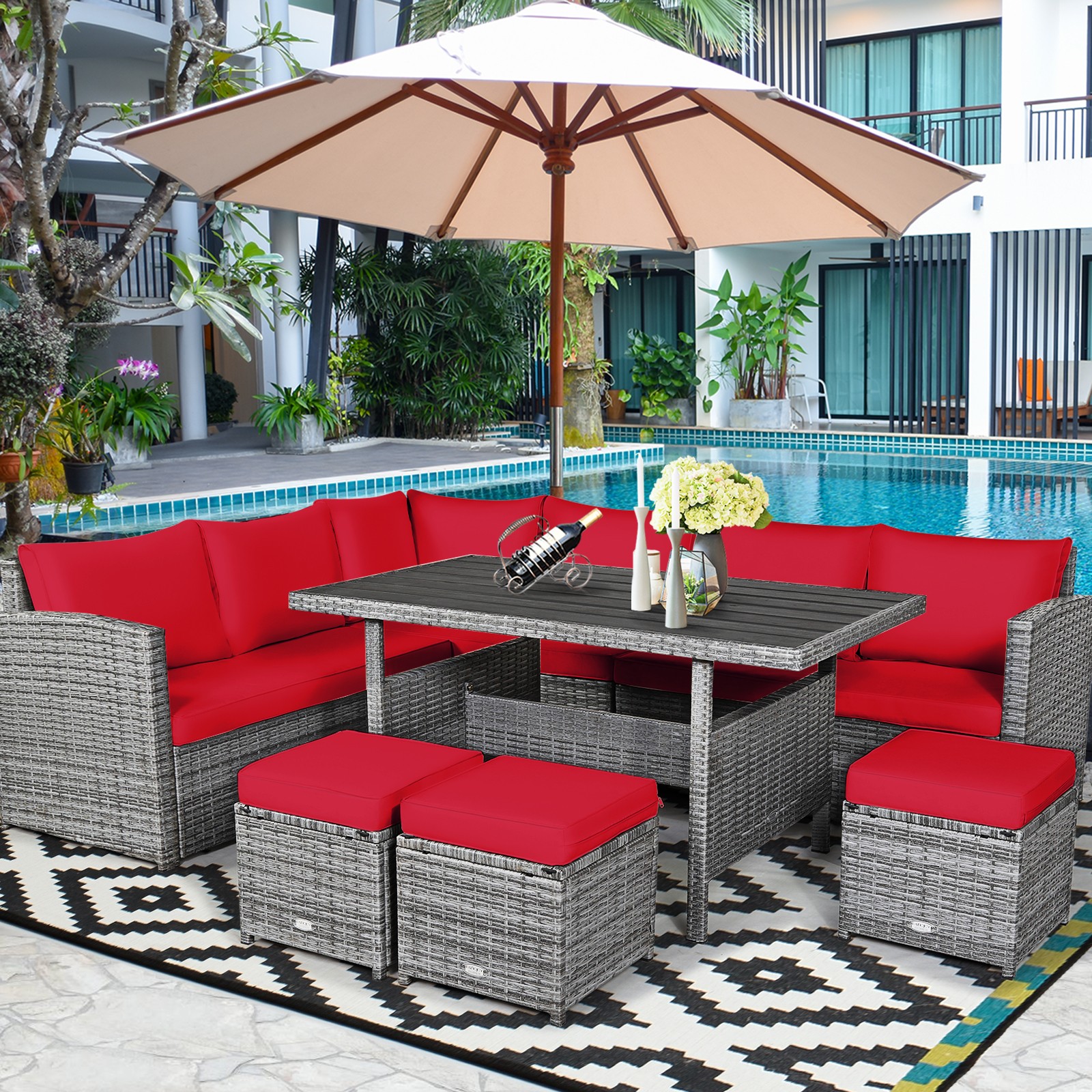 Patiojoy 7 PCS Patio Rattan Dining Set Sectional Sofa Couch Ottoman Outdoor Red gallery