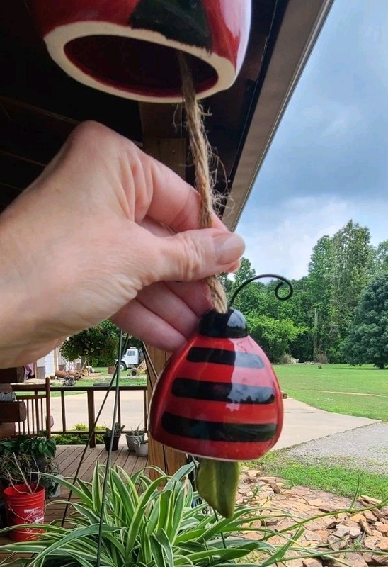 Ceramic Ladybug Wind Chime Red & Black Polka Dots & Stripes Jute String gallery