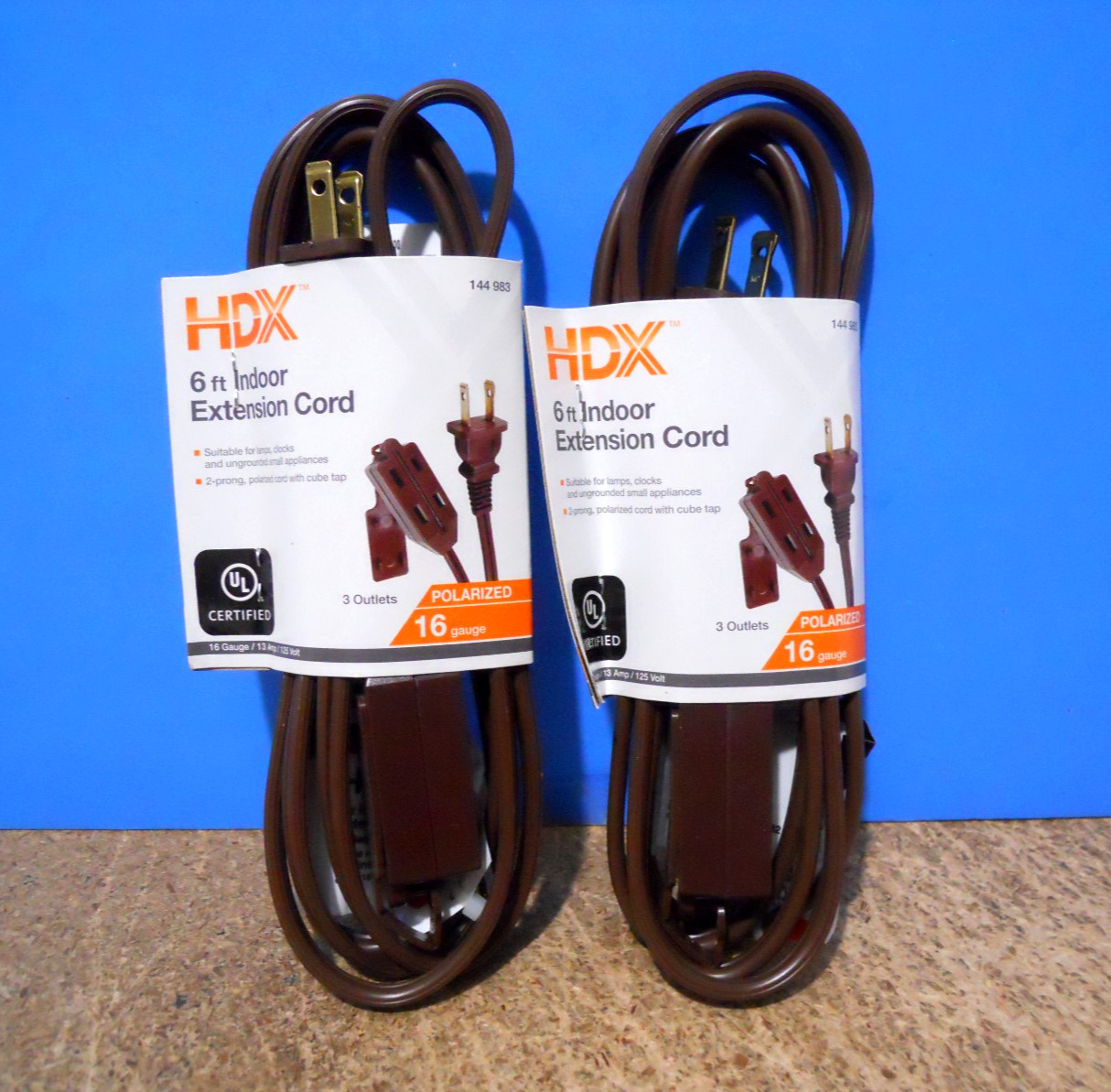 2 PACK HDX 6 Ft 3 Outlet Polarized Indoor Extension Cord 16 Gauge 13A Brown gallery