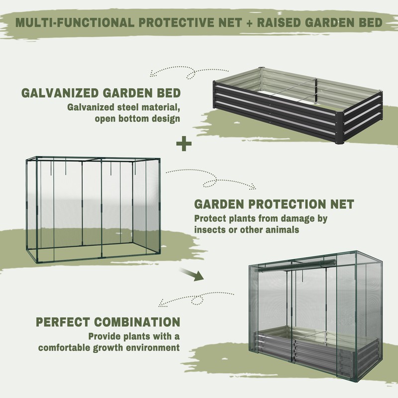 NAIZEA Galvanized Raised Garden Bed Planter Box with Plant Protection Net Tent gallery