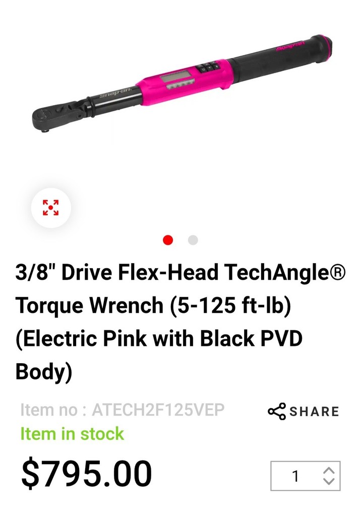 Snap-On/8 Drive Flex-Head TechAngle6 Torque Wrench (5-125 ft-lb) New Pink /black
