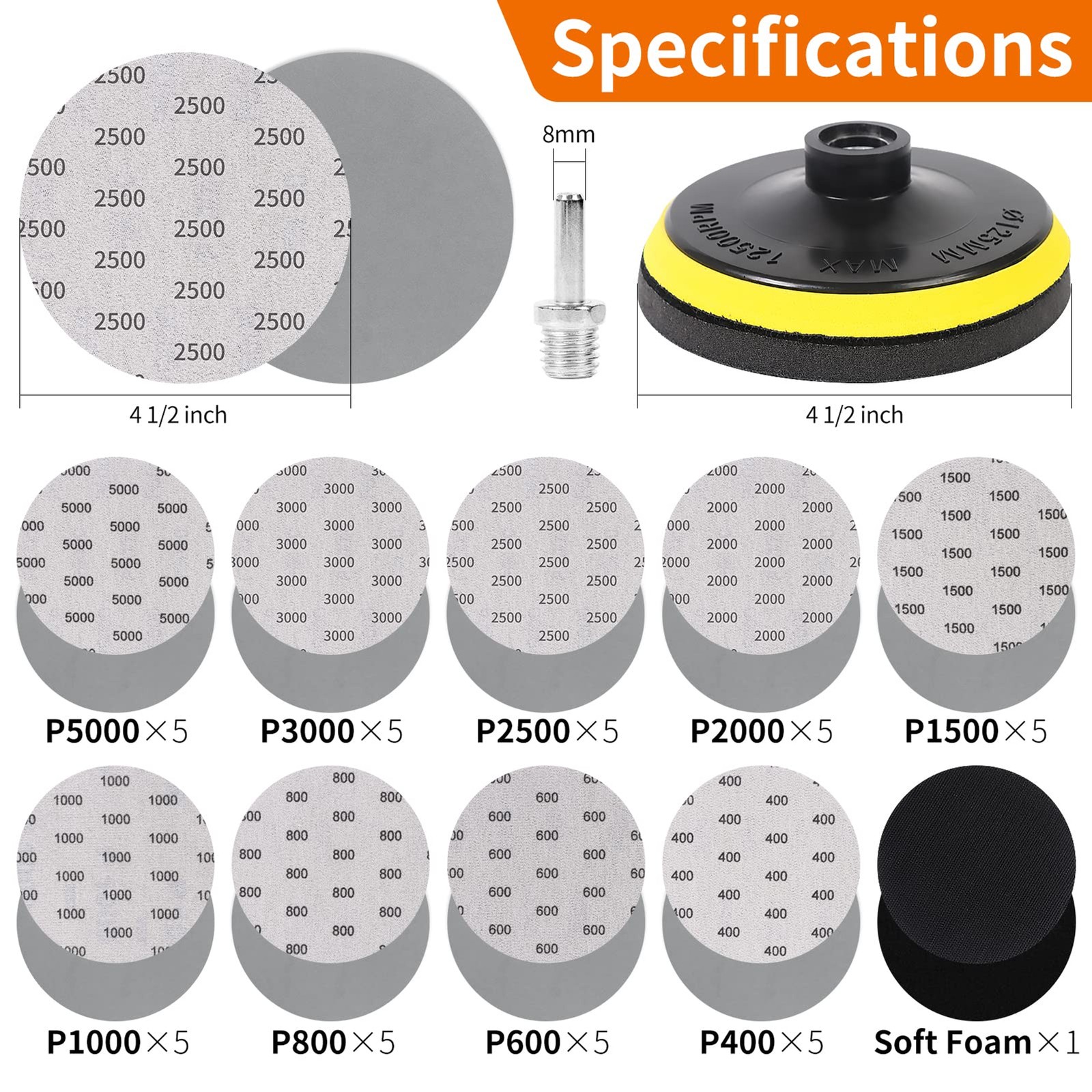 45PCS 5 Inch Wet Dry Sanding Discs Kit with Hook and Loop Backing Pad 5/8-11 and gallery
