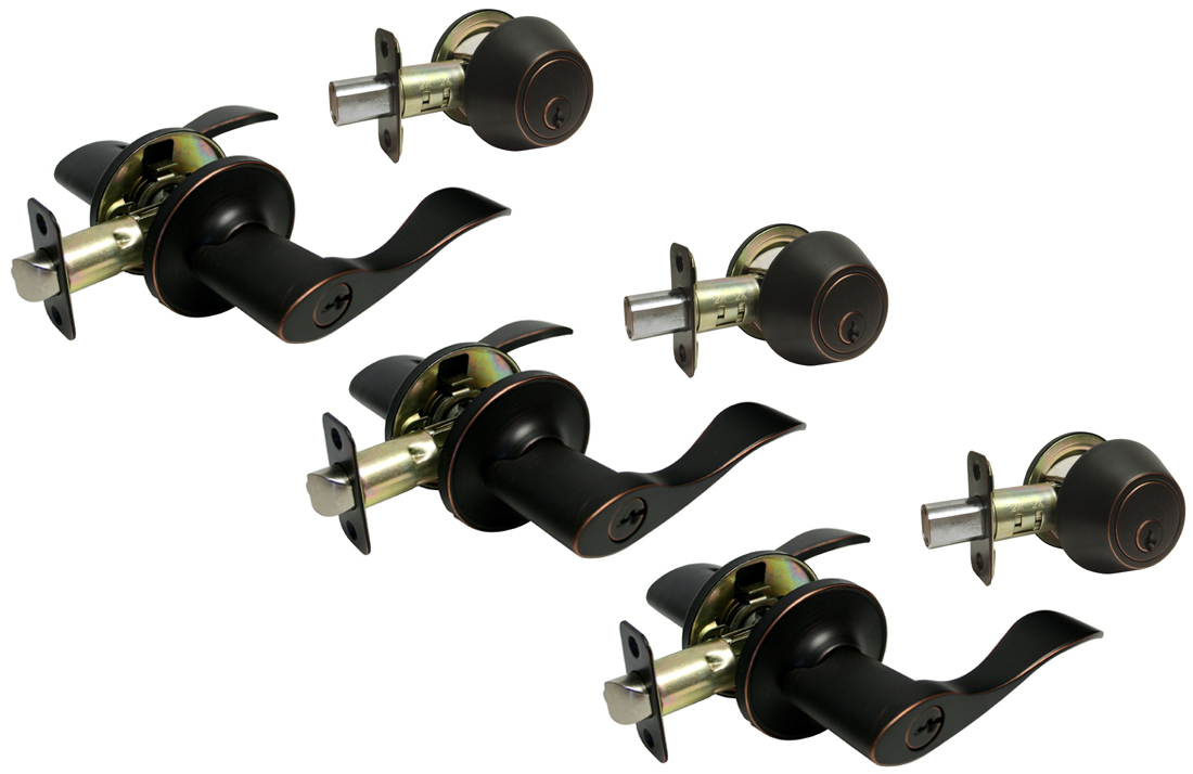 3 Entry deadbolt Oil Rubbed Bronze Door Lock sets Levers Handle all Keyed Alike gallery
