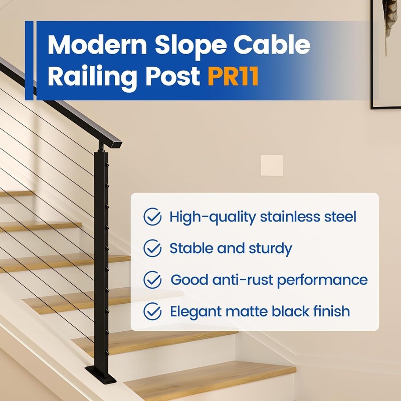 Black Slope Cable Railing Post 36 Inch for 25-40 Degrees Slope 36"X1"X2" T304 St gallery