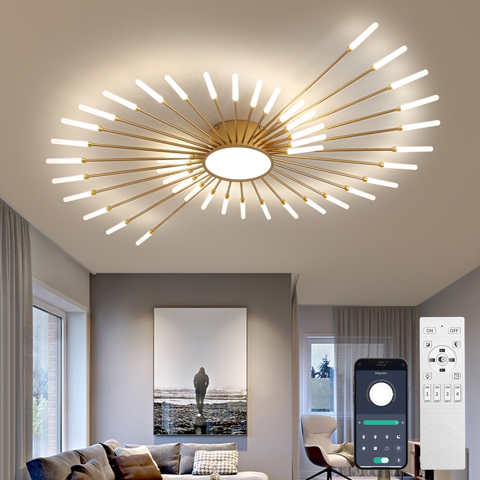 42-Light Fireworks Ceiling Light Modern LED Flush Mount Dimmable APP Remote-Gold gallery