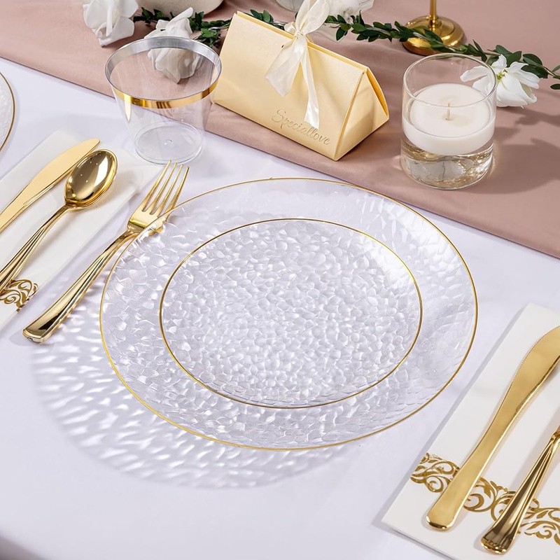 Hammered Plastic Plate Set 50 Count Elegant Disposable Tableware Parties Events gallery