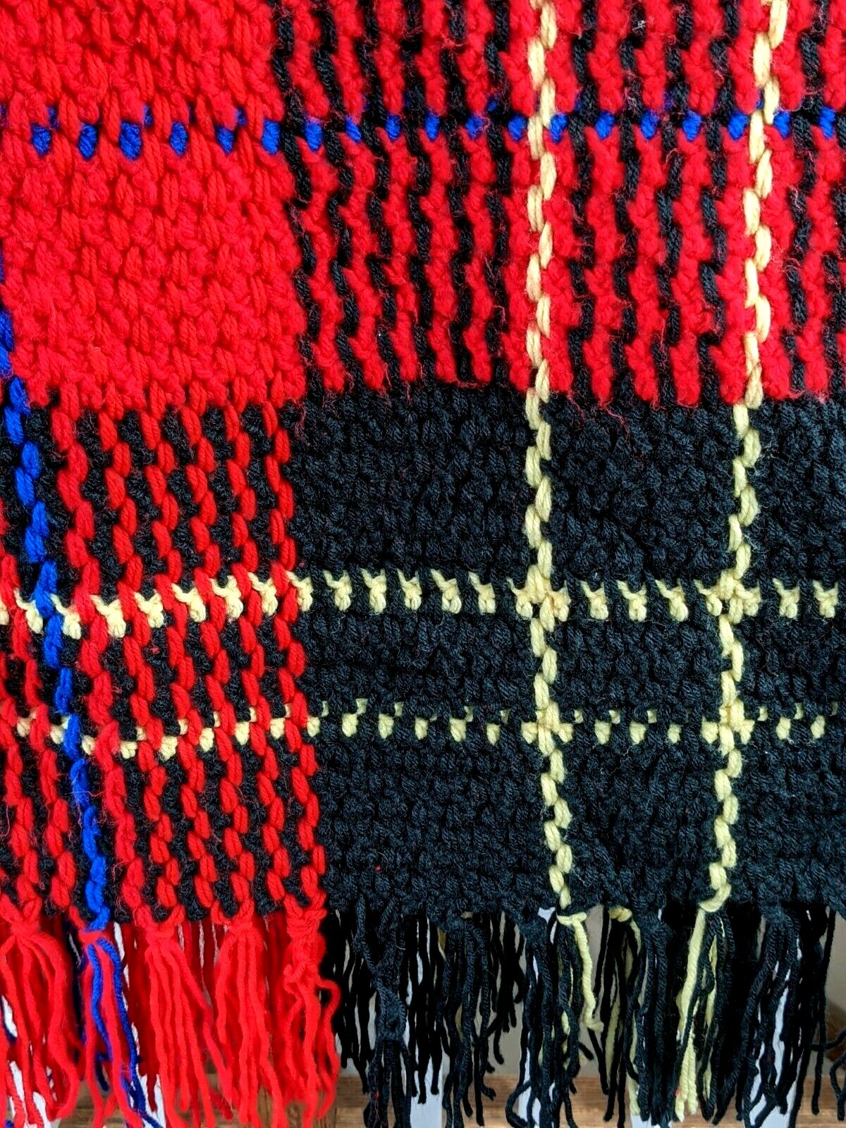 Handmade Knitted Crochet Blanket Throw Afghan Black Red 47 x 55 - 6 in Fringe gallery