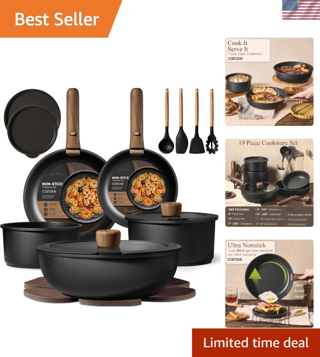 19-Piece Non-Stick Cookware Set with Detachable Handle & Induction Compatibility gallery
