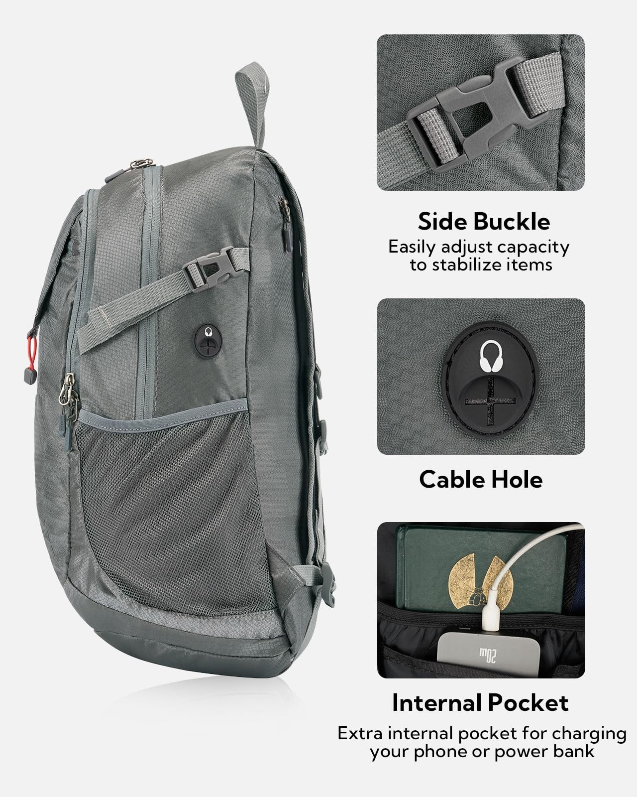 Grey 30L Lightweight Packable Hiking Backpack Foldable Travel Daypack Bag 4