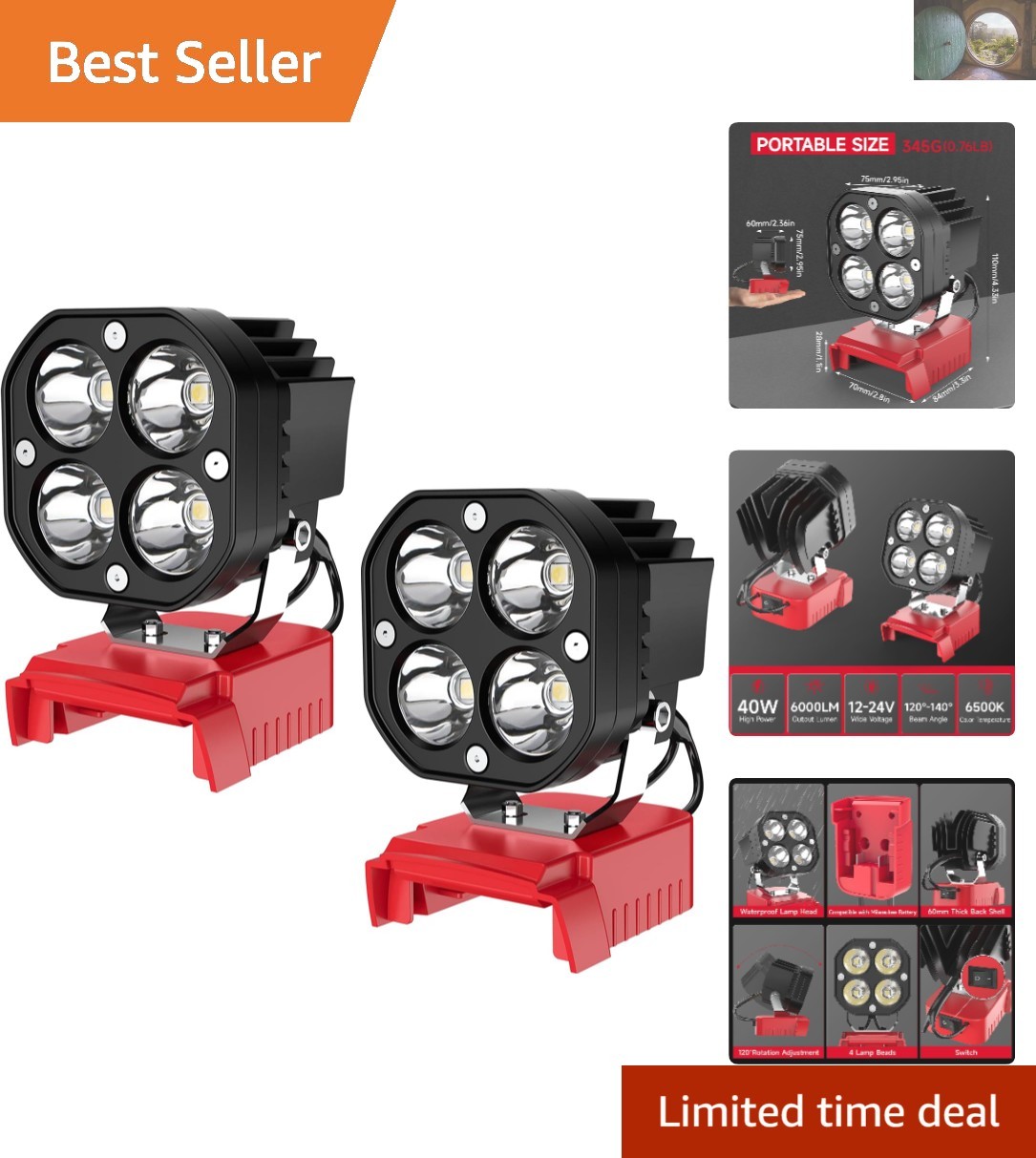 Powerful 40W 6000LM Cordless LED Work Light - 18V Battery Compatible, 2 Pack gallery
