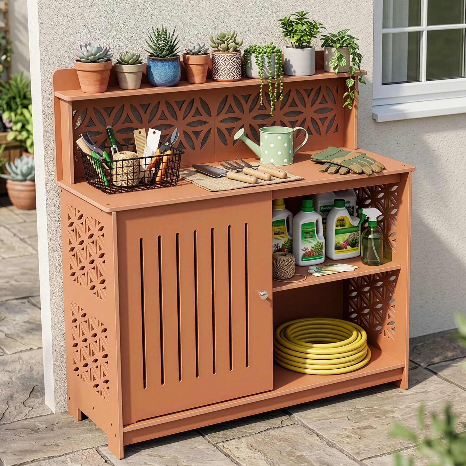 112×39×113cm Teak Color Single Side No Door PVC Panel Plastic Outdoor Storage Bo gallery