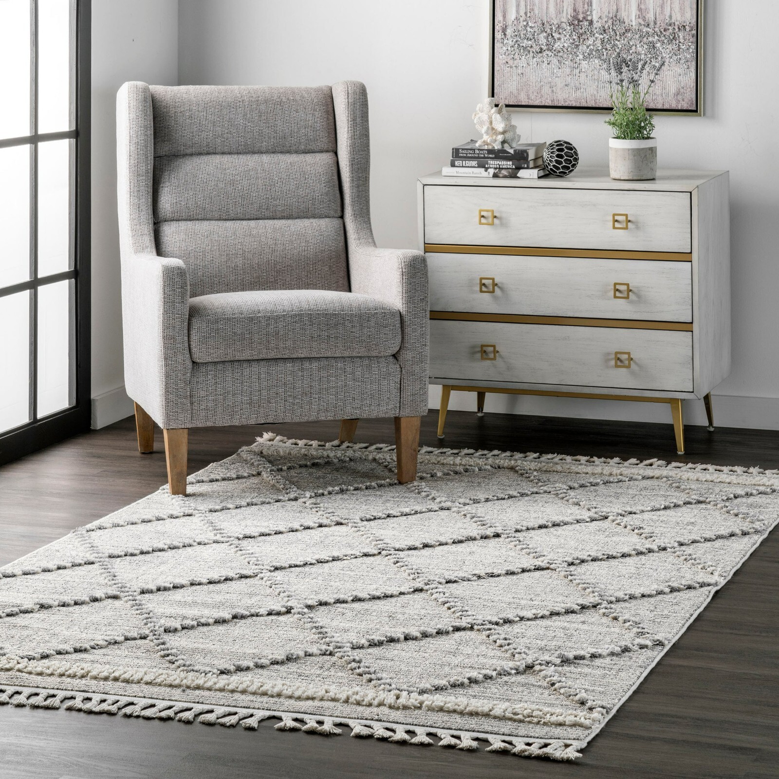 nuLoom, Skylar Textured Cable Trellis Tassel Area Rug, 5'3" x 7'7", Beige gallery