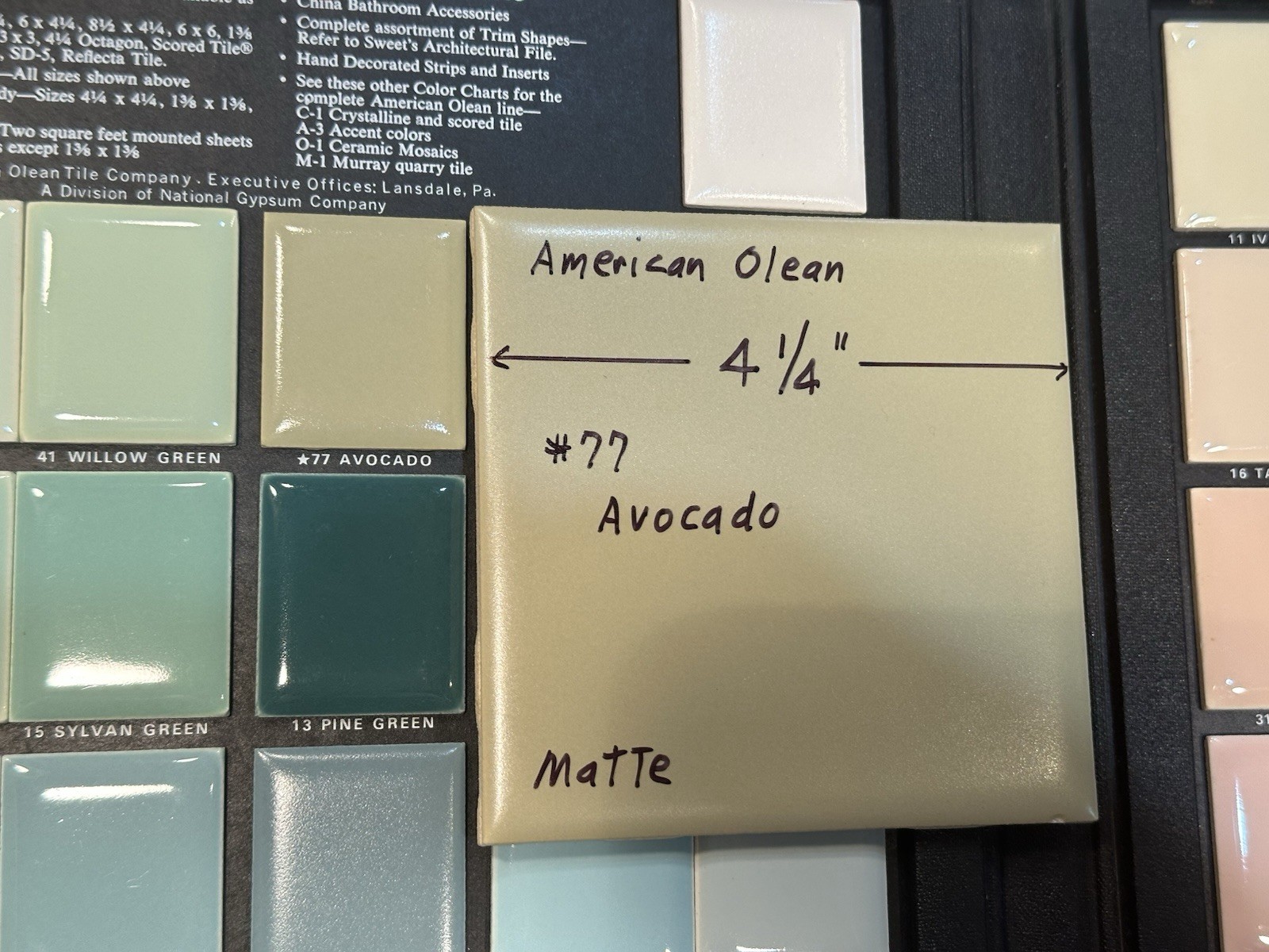1 pc. Avocado Green: 4-1/4" Matte Ceramic Tile #77 by American Olean Co. New gallery