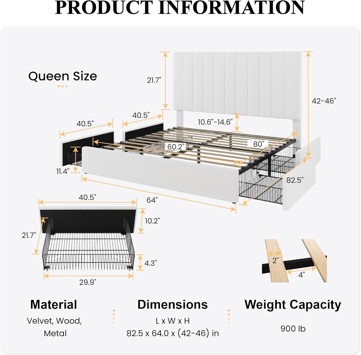 SHA CERLIN Queen Platform Bed 4 Drawers Velvet White gallery