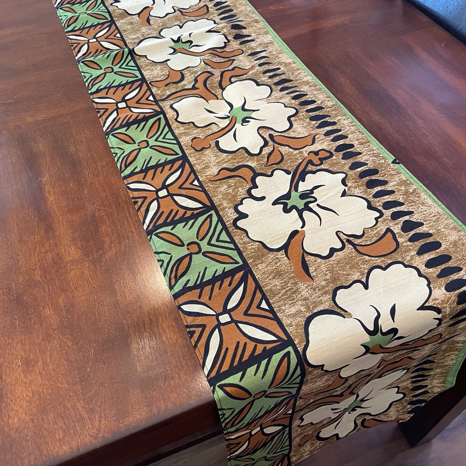 Retro Polynesian Table Runner Tropical Hawaiian Print 13"x70" Green Brown Tiki gallery