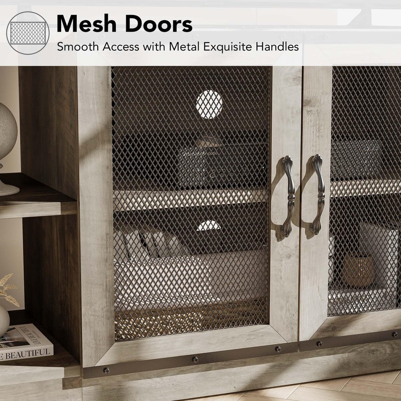 Rustic Media Console Table 75/80 Inch Industrial Double Mesh Doors Storage Cabin gallery