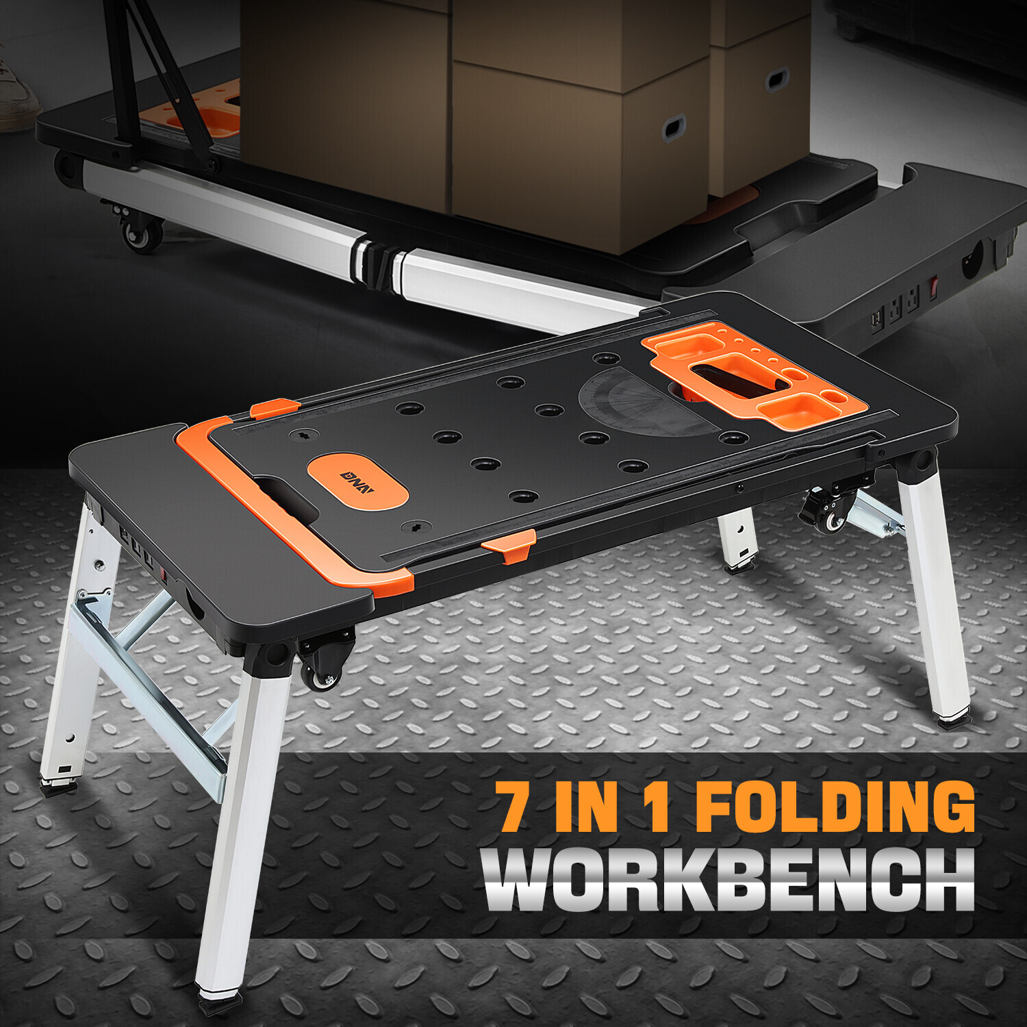 [7-In-1] Heavy Duty Adjustable Height Folding Workbench Work Table w/ 4 Wheels gallery