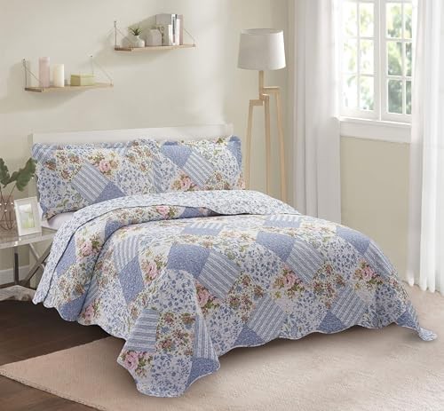Patchwork, 3-Piece Quilt Set with 2 Shams, Reversible Quilt Set King Blue Rose gallery
