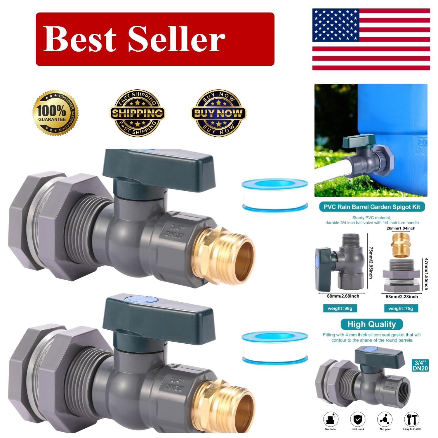2 Set 3/4 Inch Spigot Kit for Rain Barrels PVC Garden Diverter with Fittings gallery