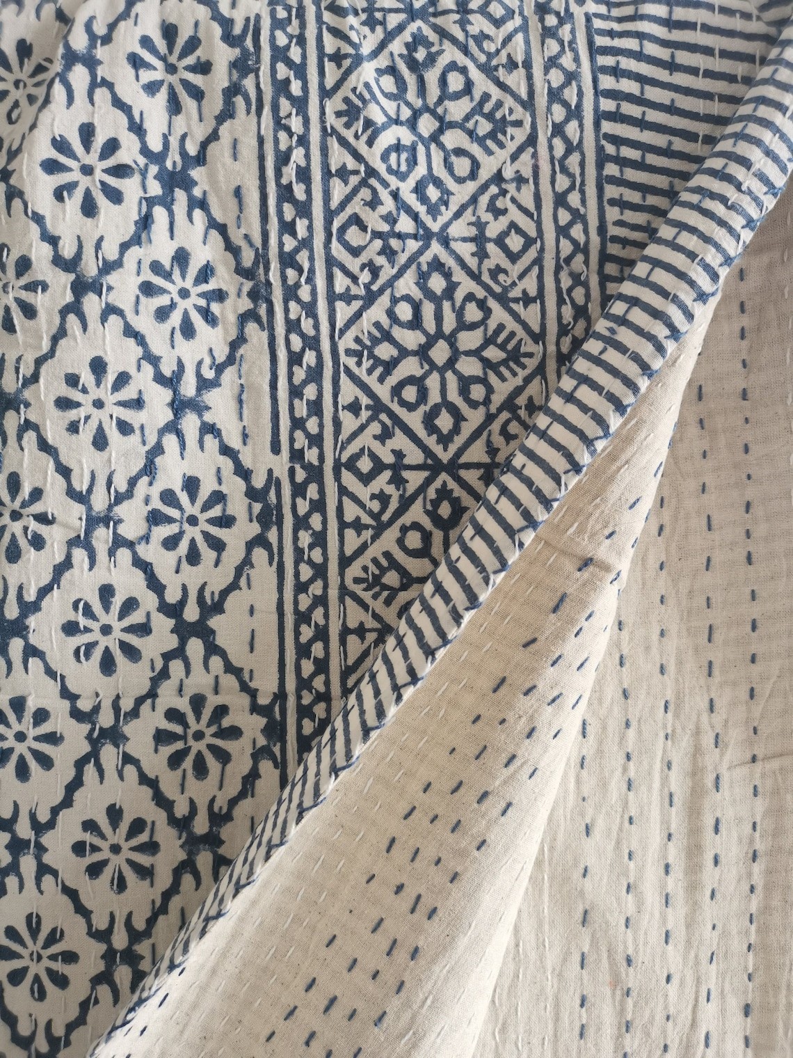 Kantha Stitch Pure Cotton Reversible Bed/Sofa Throw King Size gallery