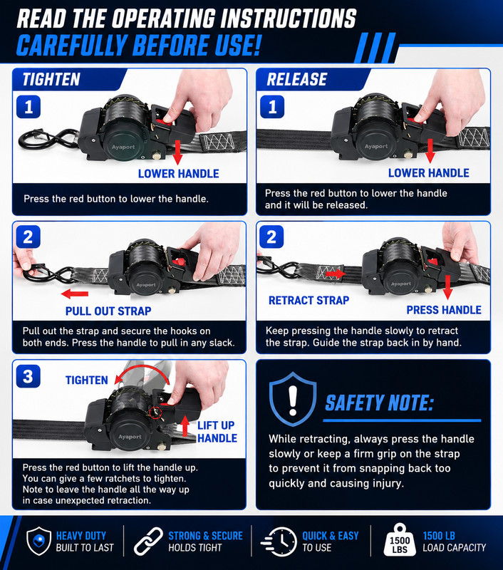 Heavy Duty Retractable Ratchet Straps - 3300LB Trailer Cargo Tie Downs (2 PACK) gallery