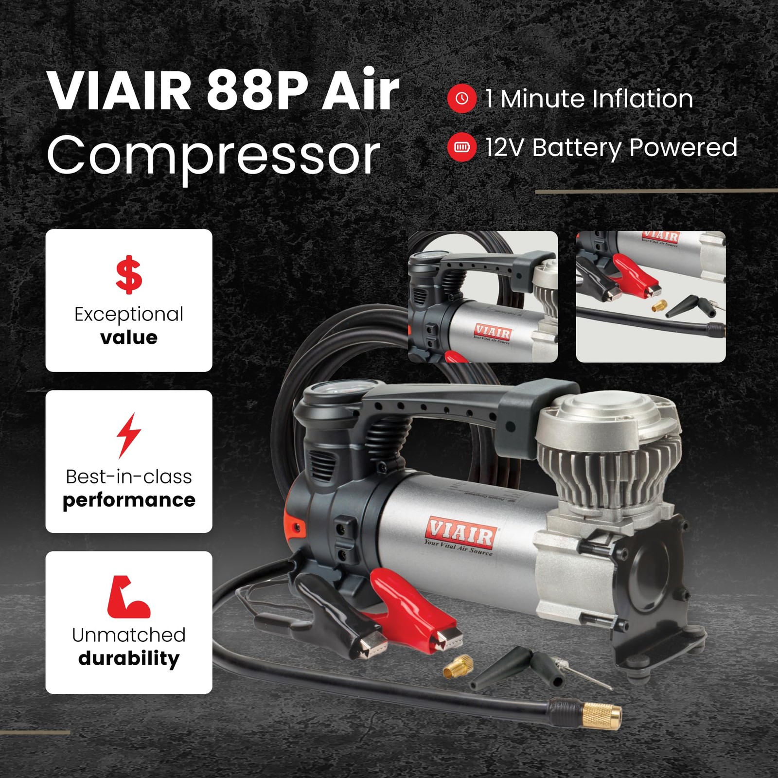 VIAIR 88P - 00088 Portable Compressor Kit with Alligator Clamps, Tire Inflator, gallery