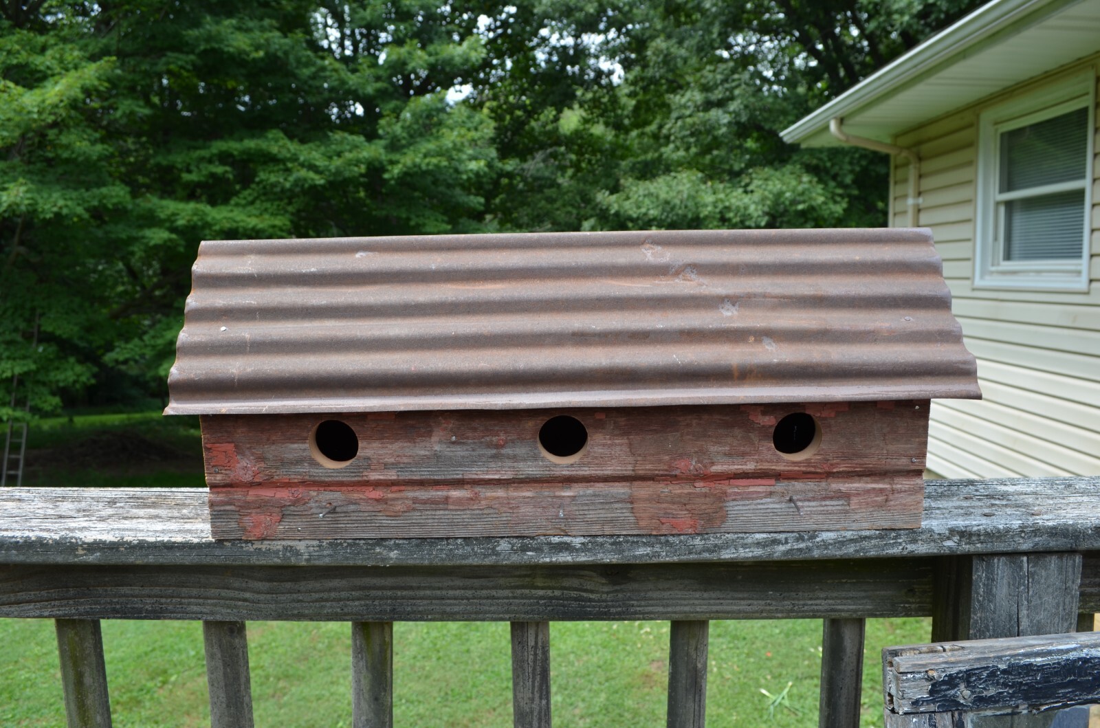 3 Hole Horizontal Reclaimed Barn wood Bird House with Old Tin Roof gallery