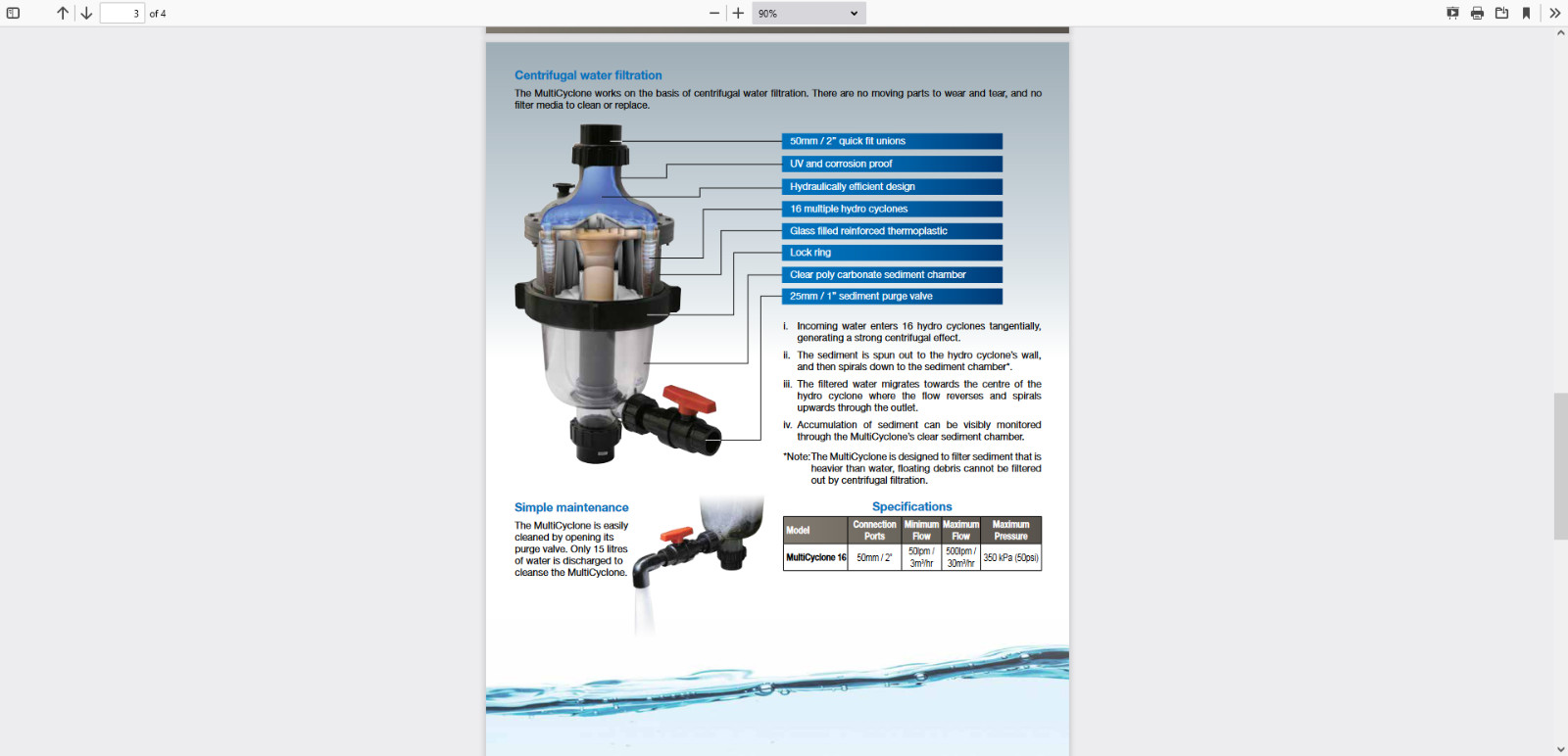 Waterco MultiCyclone 16 Centrifugal Pre-Filter 2" / 50mm Models 200370 200375 gallery