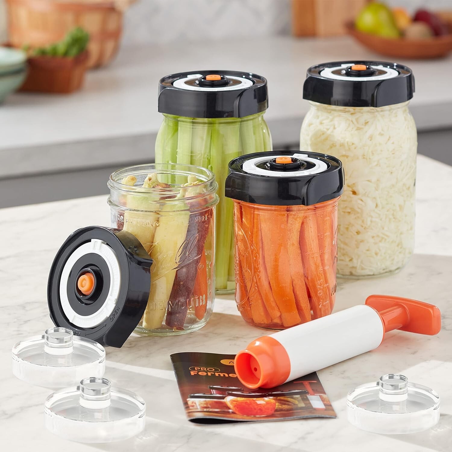 Fermentation Kit -3 durable jar lids,- 3 glass weights,-oxygen extraction pump gallery