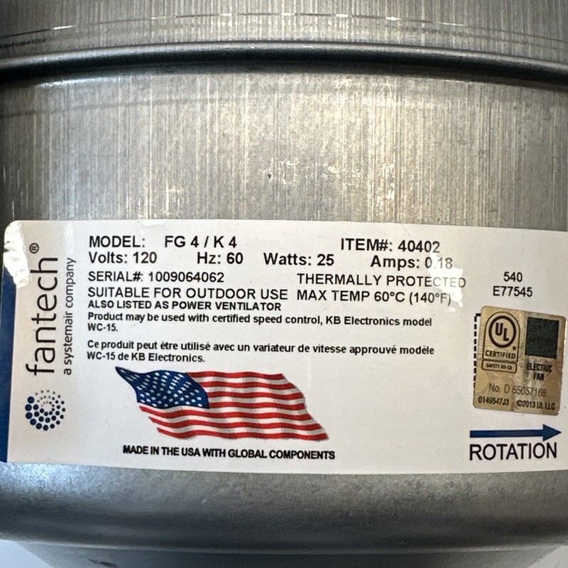 Fantech FG-4 4in Multi-Purpose Centrifugal In Line Duct Fan 120V 100CFM 25 Watt gallery