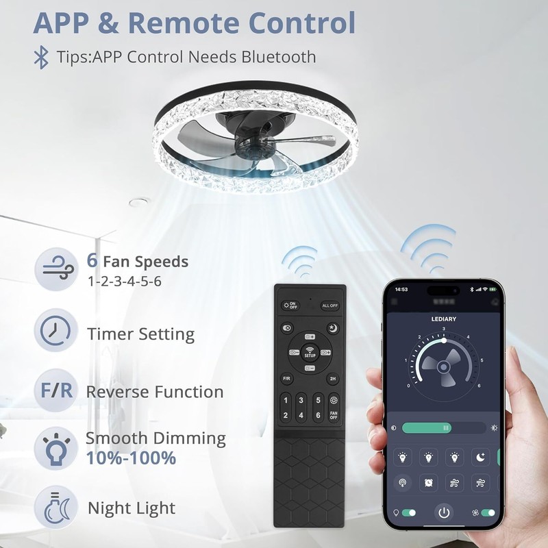 20 inch Black Flush Mount LED Ceiling Fan with Light Remote APP Control Modern gallery