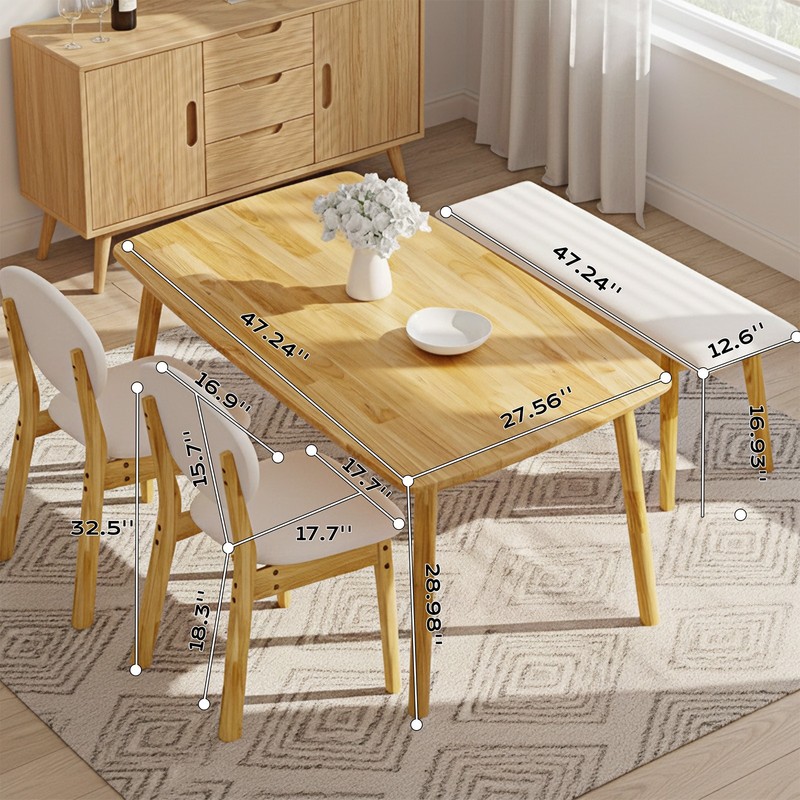 4 Piece Dining Table Set Solid Rubber Wood 2 Padded Chairs Bench Natural Kitchen gallery
