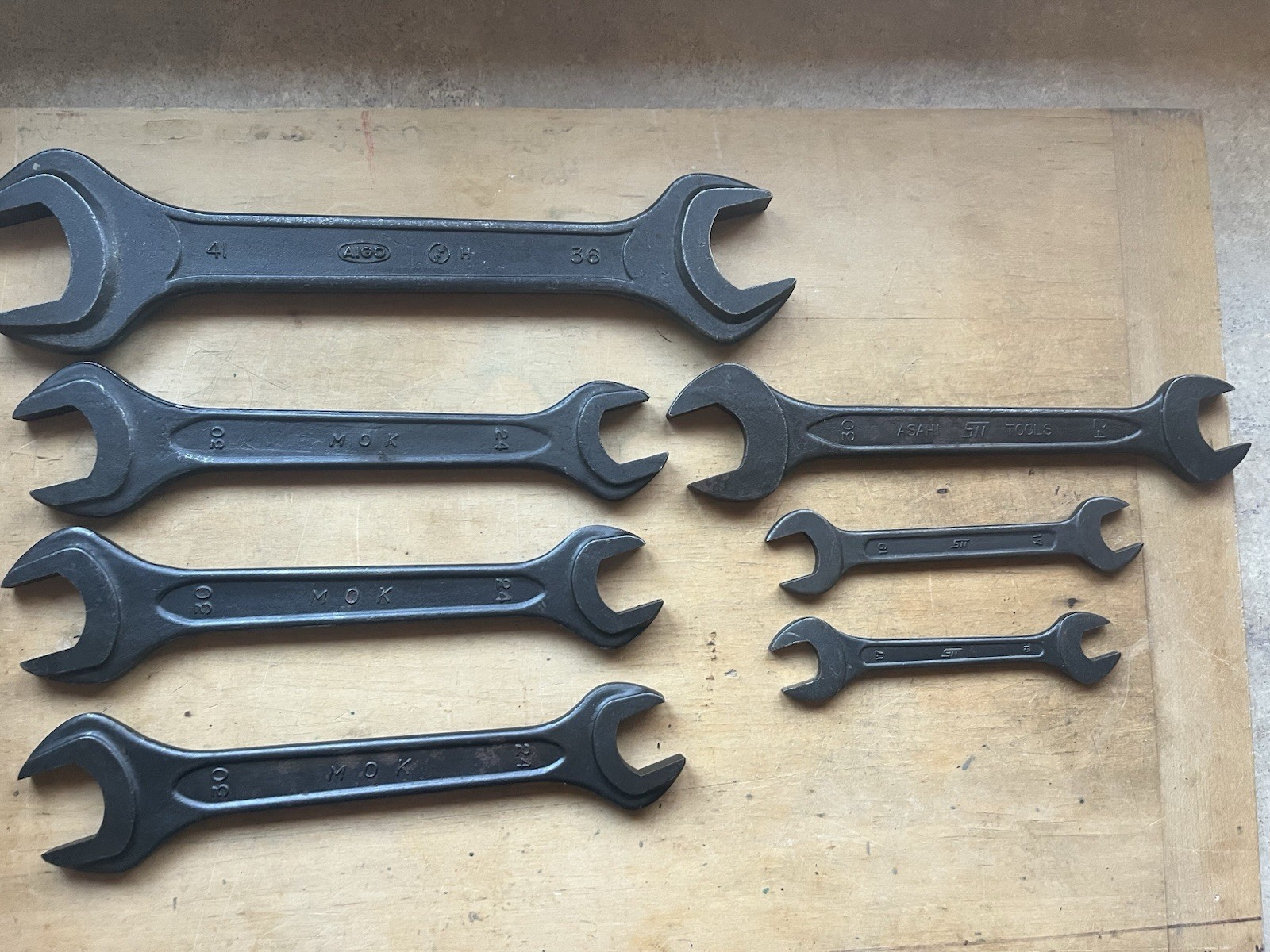 7 ASAHI, AIGO, MOK TOOLS Double Open End Wrenches SN 41-15mm Japan Machinist gallery