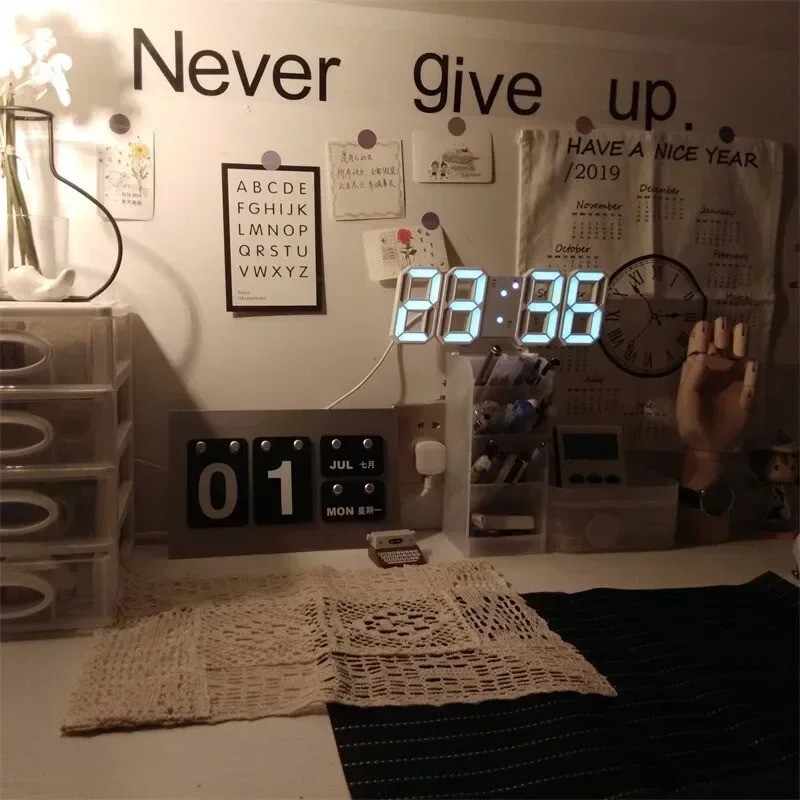 Digital 3D LED Big Wall Desk Alarm Clock Snooze 12/24 Hours Auto Brightness USB gallery