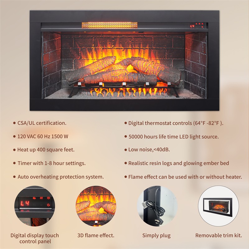 36" Insert Infrared Electric Fireplace with Removable Trim Kit and Touch Panel gallery