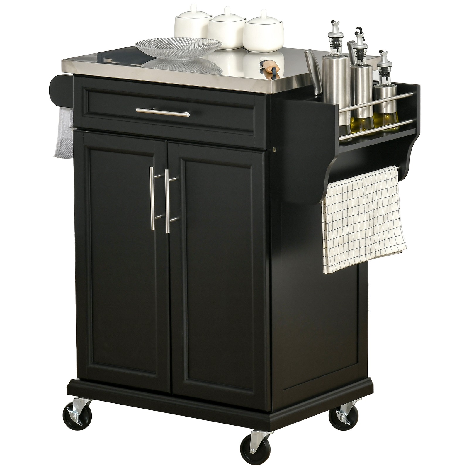 Wood Kitchen Island Cart Storage Box Cabinet Drawer Trolley w/ Stainless Steel gallery