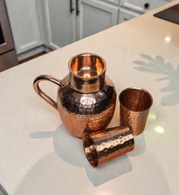 Pure Copper Water Pitcher Set 1.5L with 2 Tumblers Ayurvedic Drinkware gallery