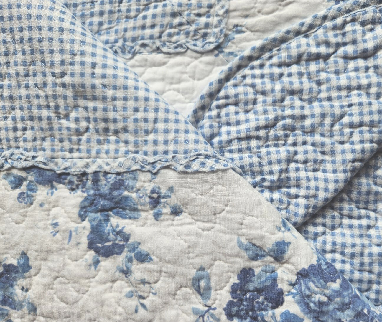 COURTNEY BLUE ROSE 3pc Queen QUILT SET : FARMHOUSE COTTAGE RUFFLED RAG GINGHAM gallery