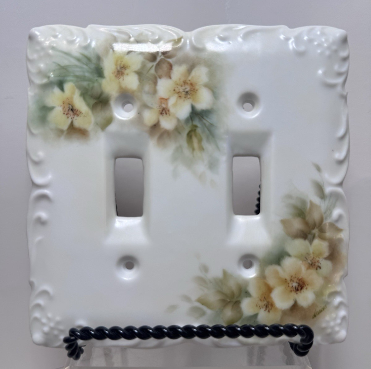 VTG Double Flip Light Switch Cover Ceramic Porcelain Yellow Green & White Signed gallery