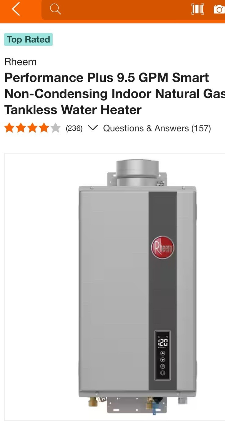 Rheem Performance Plus 9.5 GPM Indoor LP Tankless Water Heater 199,900 BTU gallery