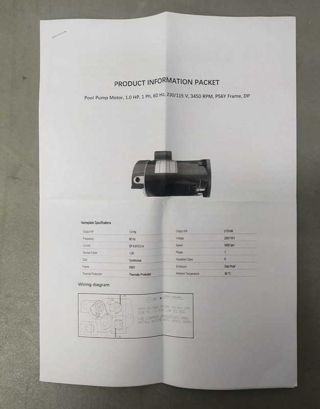 1HP Single Speed Pool Pump Motor, 1 Ph, 60hz, 230/115V, 3450 RPM, P56Y, Frame, gallery