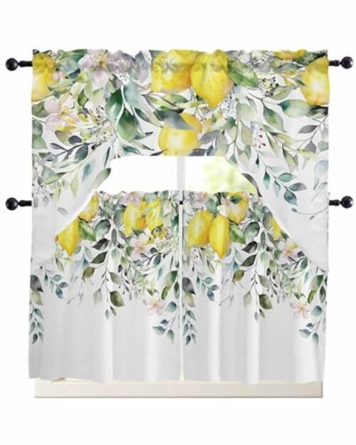 Kitchen Curtains Sets 24 Inch Length with 24"W x 56"L (Pack of 3) Yellow Lemon gallery