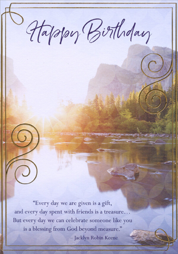 Every Day Sunburst Mountains and Calm Stream Religious Birthday Card gallery