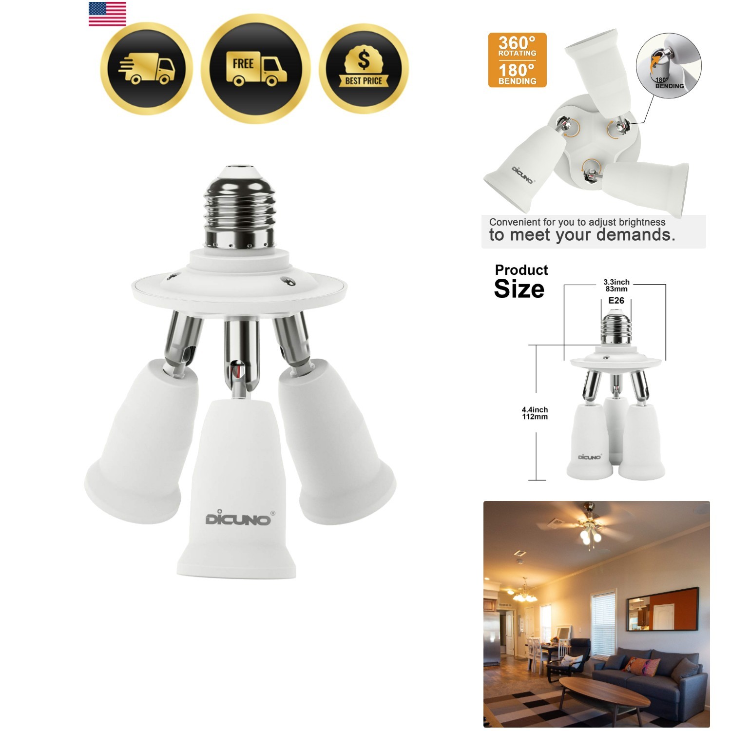 3 in 1 E26 Light Socket Splitter Adapter, Standard Base LED Bulb Converter, 3... gallery