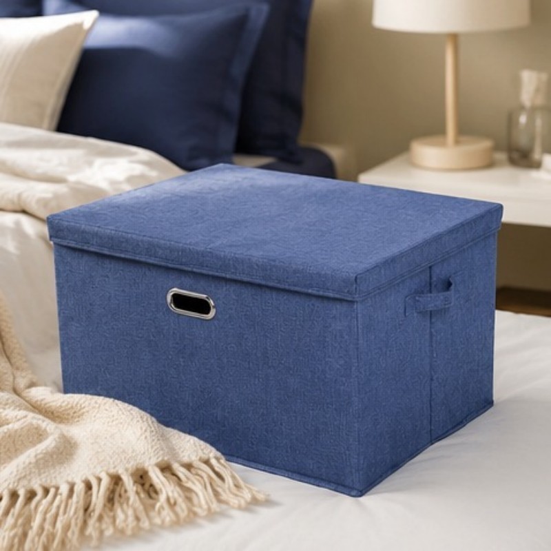 Large Foldable Storage Box with Lid Linen Fabric Closet Organizer Bin Blue 23 in gallery