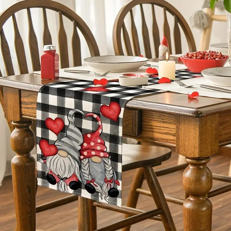 Valentines day linen table runner, hearts, gnomes, 13 x 48 inch gallery