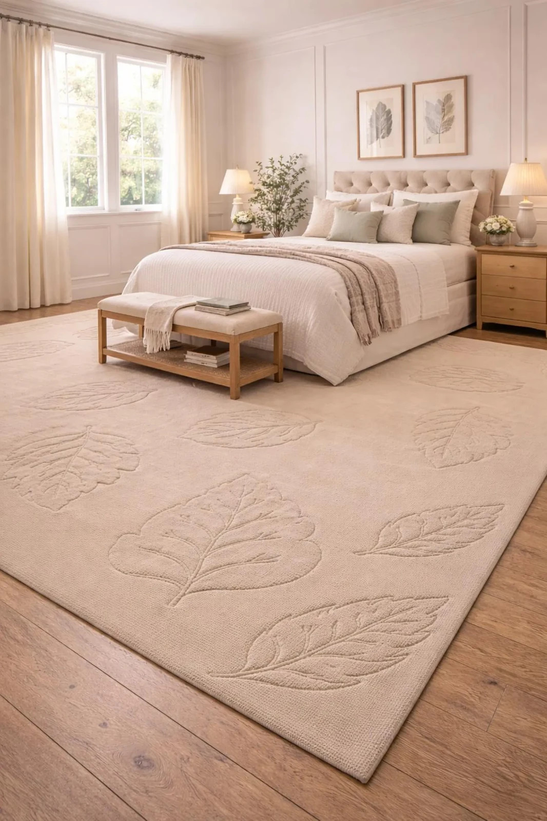 5x7 Hand Tufted Loop & Cut Pile Leaf Design Rug – Modern Textured Wool Carpet gallery